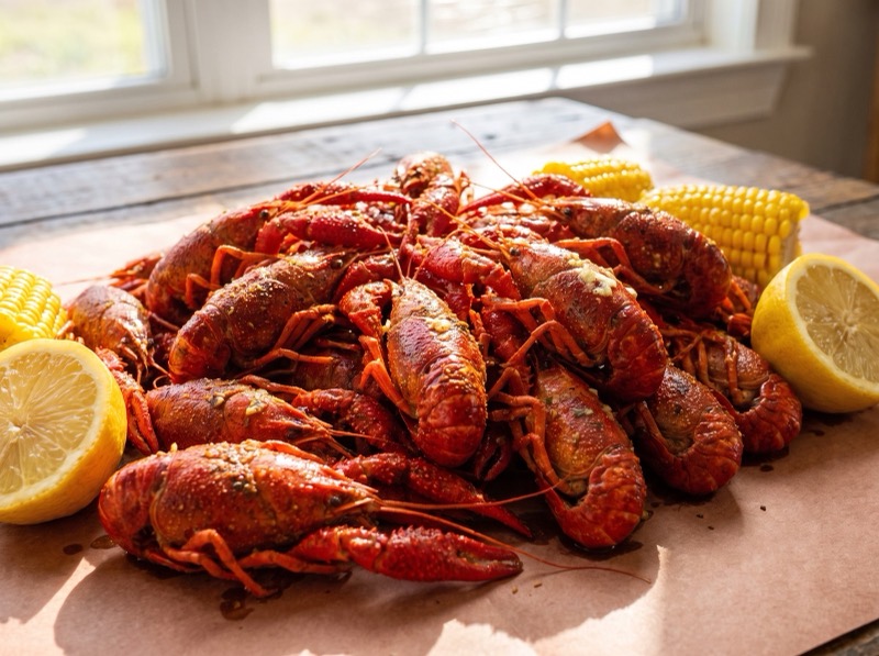 A pile of boiled crawfish with corn and lemon