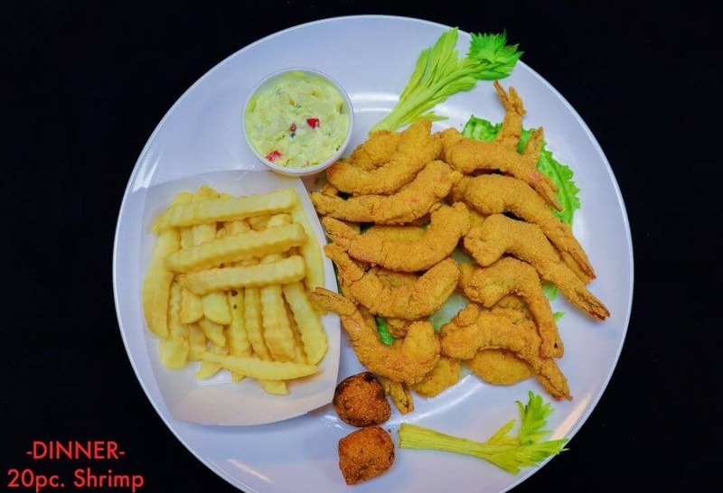 Twenty piece cornmeal fried shrimp with crinkle fries
