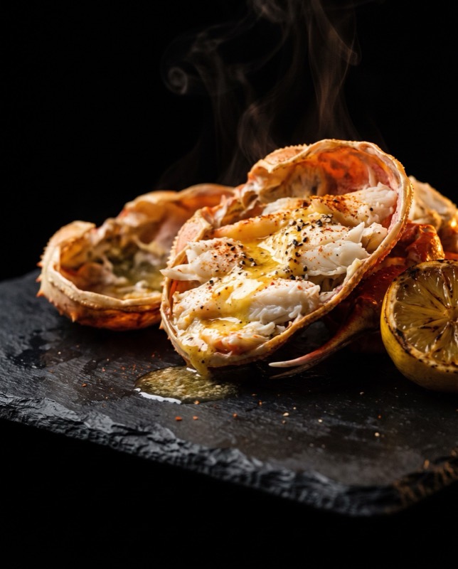 Cracked crab shells with crab meat, garlic butter and cayenne